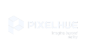PIXELHUE Logo: weißes Würfel-Design auf hellgrauem Hintergrund, Produktname daneben, Slogan "Imagine beyond reality" darunter.