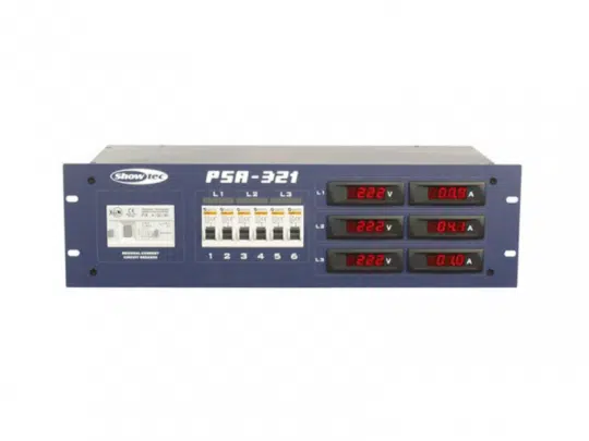 Strom-Unterverteilung 32A CEE-Rot: Blaues Rack mit 1x 32A, 6x Schuko, Schaltern, Sicherungen und roten Digitalanzeigen.