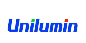 Unilumin-Logo: Blauer Schriftzug "Unilumin" mit grünem und rotem Punkt auf den i, vor hellgrauem Hintergrund.