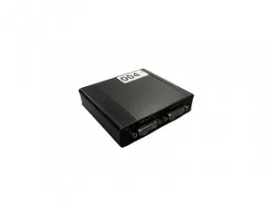 Lindy DVI-Splitter 1-2 gebraucht, kompakt, schwarz, mit 2 DVI-Ausgängen und 2 Audio-Buchsen, auf weißem Hintergrund.