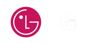 LG-Logo: Roter Kreis mit L und G als lächelndes Gesicht, daneben weißer LG-Schriftzug auf hellem Hintergrund. Perfekt für Displays.