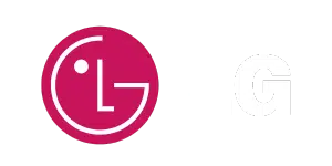 LG-Logo: Roter Kreis mit L und G als lächelndes Gesicht, daneben weißer LG-Schriftzug auf hellem Hintergrund. Perfekt für Displays.
