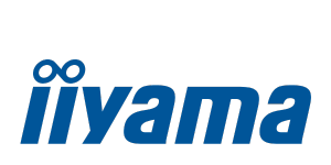 Iiyama Logo: Blaue Kleinbuchstaben, Punkte über "i" als Unendlichkeitssymbol, auf hellgrauem Hintergrund. Ideal für Display-Kauf.