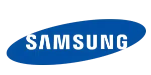 Samsung Logo: Weiße Großbuchstaben "SAMSUNG" auf schrägem blauen Oval - bekanntes Markenzeichen für Monitore und Displays.