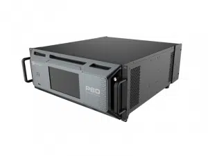 Pixelhue P80 Seamless Switcher, neu, schwarz-grau, rackmontierbar mit Display, Bedientasten, Lüftung und Griffen.