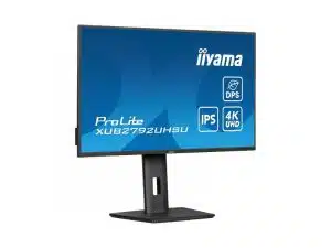 Der schwarze Iiyama ProLite XUB2792UHSU Monitor steht auf einem rechteckigen Standfuß und zeigt 4K UHD sowie IPS-Icons auf dem Bildschirm.