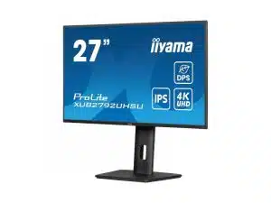 Iiyama ProLite XUB2792UHSU 27 Zoll Monitor mit schwarzem Standfuß, Display zeigt IPS, DPS, 4K UHD Features.