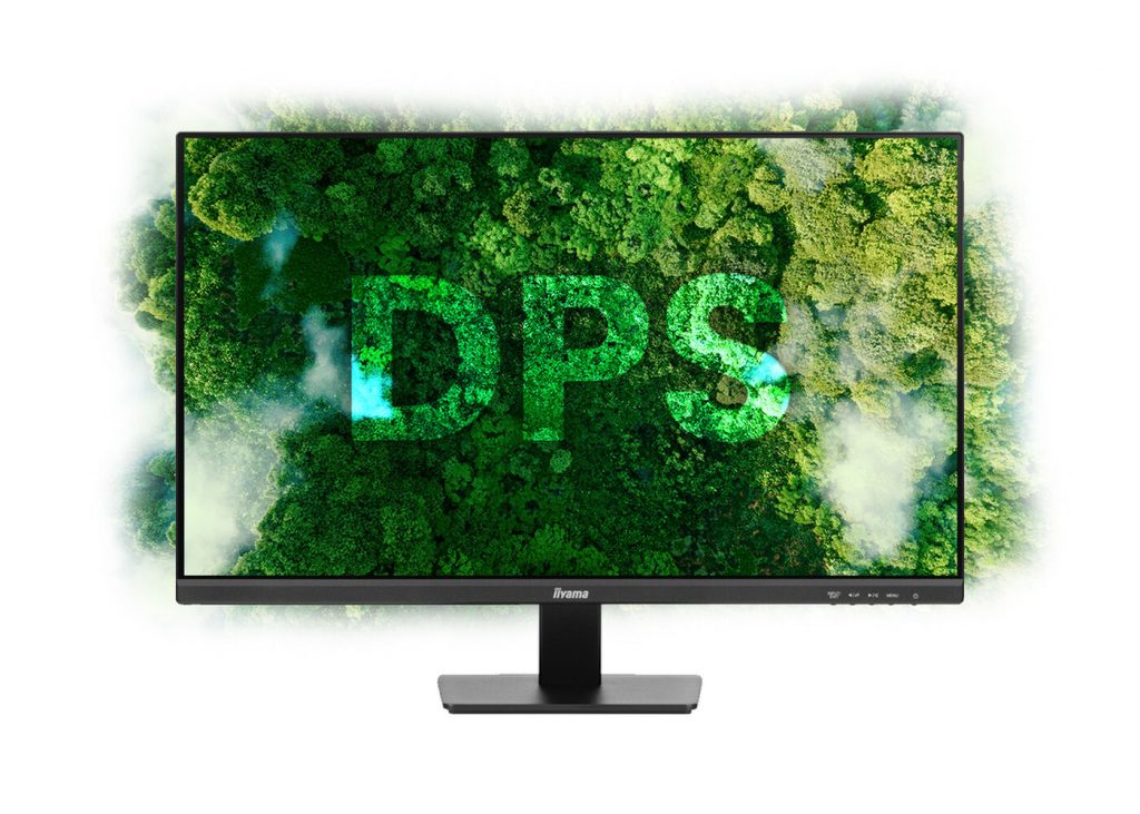 Iiyama XUB2792UHSU-B6 27 Zoll UHD Monitor mit schlankem schwarzen Rahmen zeigt Luftbild eines Waldes und große Buchstaben DPS.