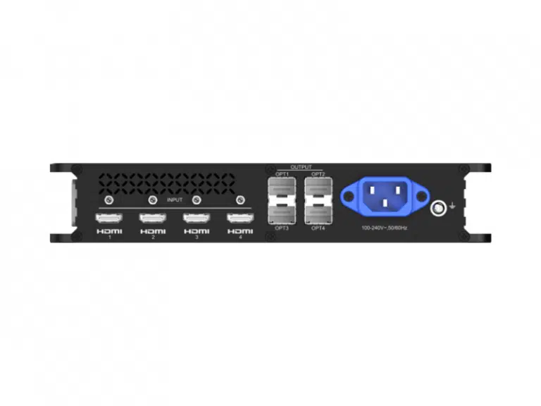 PIXELHUE EP4T-S HDMI zu LWL Konverter mit 4 HDMI-Eingängen, 2 optischen Ausgängen, Lüftungsschlitz und blauem Stromanschluss.