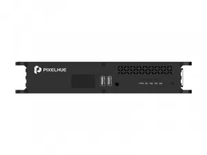Frontansicht des schwarzen Konverters HDMI > LWL PIXELHUE EP4T-S mit Logo, Display, 2 USB-Ports und Statusleuchten.