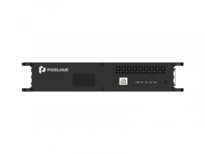 Konverter HDMI > LWL - PIXELHUE EP4T-S mieten: Schwarzes Gerät mit Logo, Display, Lüftungslöchern, Anschlüssen und LED-Anzeigen.