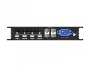 Rückseite des PIXELHUE EP4T-S Konverters: 4 HDMI-Eingänge, 4 optische Ports, Lüftungsgitter, blauer Stromanschluss (100-240V).
