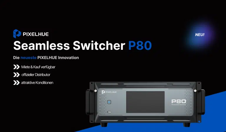 PIXELHUE Steglos Switcher P80 auf schwarzem Hintergrund, blaue Schrift zeigt Funktionen, Kompatibilität und NEU!-Label.
