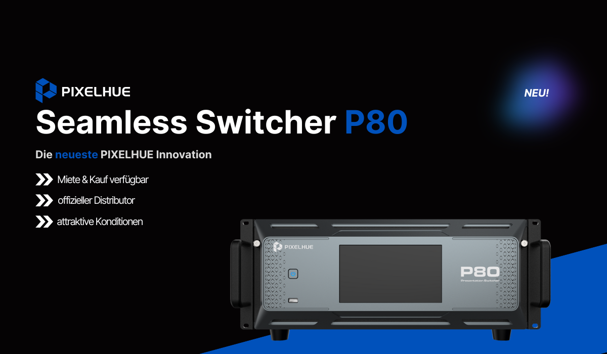 PIXELHUE Steglos Switcher P80 auf schwarzem Hintergrund, blaue Schrift zeigt Funktionen, Kompatibilität und NEU!-Label.