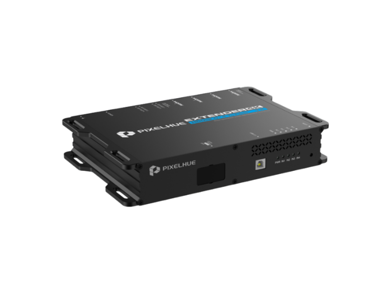 Pixelhue ExtenderBox: Schwarzes Gerät mit Lüftungsschlitzen, Logos und Anschlüssen, auf weißem Hintergrund - passend für iiyama 98" Display.