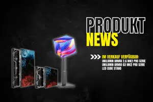 Zu sehen sind drei LED-Displays und ein bunter Würfel mit iiyama XUB2792UHSU-B6, PRODUKT NEWS und Verfügbarkeitsinfos auf Deutsch.
