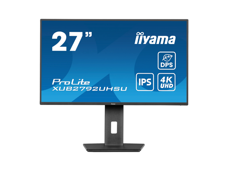 Iiyama XUB2792UHSU-B6 Monitor, 27 Zoll, schwarzer Standfuß, Display zeigt DPS-, IPS- und 4K-UHD-Symbole auf blauem Hintergrund.