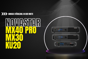Produktbild: Drei schwarze Novastar-Geräte gestapelt im Spotlight, Text "Große Stückzahl in der Miete", dunkler Hintergrund.