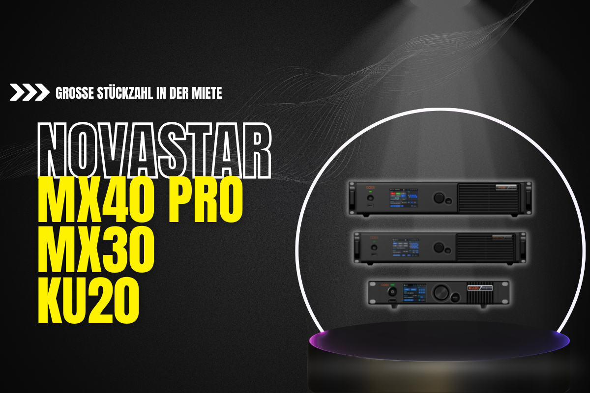 Produktbild: Drei schwarze Novastar-Geräte gestapelt im Spotlight, Text "Große Stückzahl in der Miete", dunkler Hintergrund.