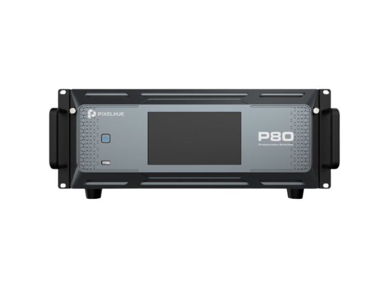 Pixelhue P80 Gerät von vorn mit großem Display, seitlichen Griffen und vier kurzen Füßen für professionelle AV-Bearbeitung.