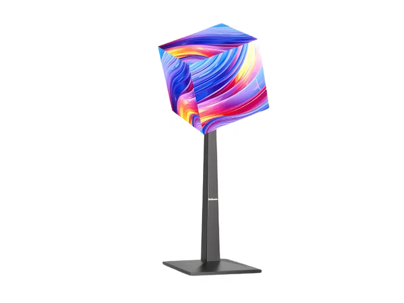 Unilumin Cube Stand mit bunter, abstrakter Würfelskulptur darauf vor weißem Hintergrund, modernes Design, Produktbild.