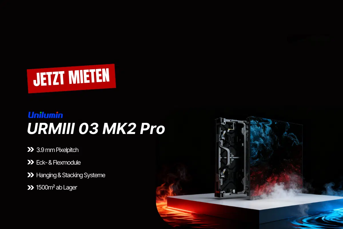 LED-Display Panel Unilumin, rotes/blaues Hintergrundbild, 3,9 mm Pixel Pitch, 1500 m² Lagerfläche, JETZT MIETEN Hinweis.