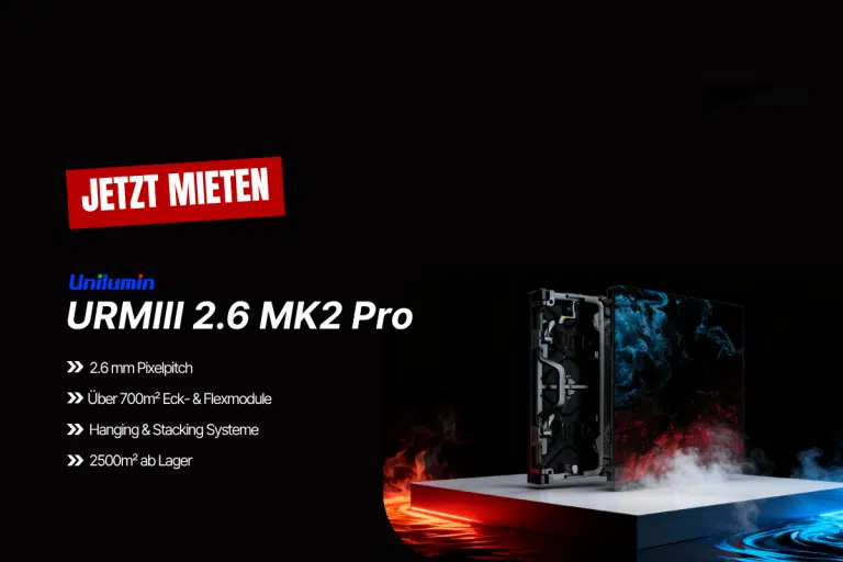 LED-Display-Modul Unilumin URMIII 2.6 MK2 Pro mit transparentem Bildschirm, rotem/blauem Raucheffekt und Produktinfos links.