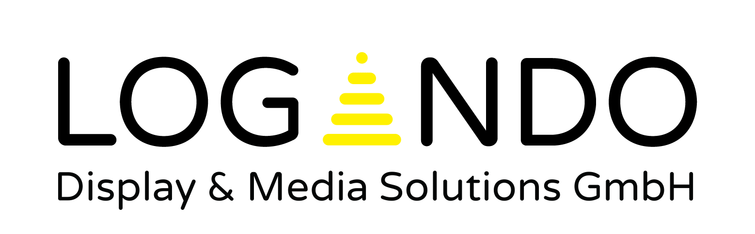 LOGANDO Display & Media Solutions GmbH Logo: gelber Buchstabe A als drei Balken und Punkt, wirkt wie ein gestapeltes Symbol.