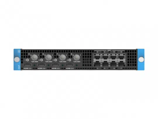 Output Karte für Pixelhue Q8: Schwarzes Modul mit blauen Griffen, 4 HDMI/SDI-Anschlüssen und doppelten Glasfaser-Ports rechts.