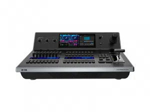 PIXELHUE U5 Event-Controller: Videomischer-Konsole mit vielen Tasten, Fadern, Joystick und zwei Farbdisplays auf Weiß.