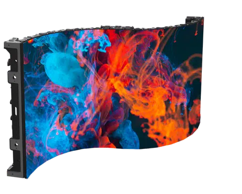 Flexibles LED-Display mit gebogenem Design zeigt leuchtende blaue und orange Tinte im Wasser auf dunklem Hintergrund.