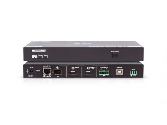 Professioneller AV-Switch in Schwarz, Vorder- und Rückseite mit HDMI-, Audio-, USB-, RS-232-, Netzwerk- und Stromanschlüssen.