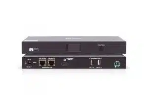 Media Player Box in Schwarz mit HDMI-, USB-, LAN- und Stromanschlüssen, Vorder- und Rückseite auf weißem Hintergrund.