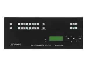Lightware MX-DVI-FR9: 9x9 digitaler Matrix Router, Frontansicht mit Tasten, Display und Statusanzeige auf schwarzem Panel.