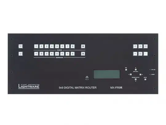 Lightware 9x9 Digital Matrix Router MX-FR9R, schwarze Front mit Tasten, Display und Bedienelementen, Produktfoto.