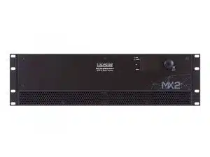 Lightware MX2 Matrix Switcher, schwarze Front mit Lüftungsschlitzen, Steuerdisplay, Tasten und MX2-Logo rechts sichtbar.