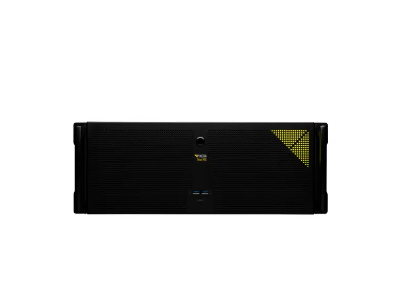 AVStumpfl PIXERA Server in Schwarz mit rundem Knopf und gelbem Muster rechts oben, vor weißem Hintergrund.