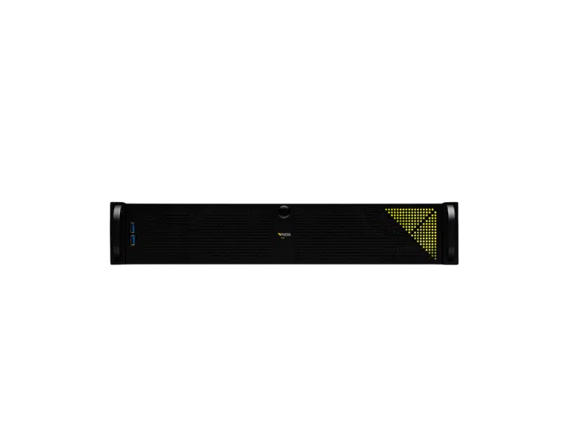 AVStumpfl PIXERA Rackmount-Server in Schwarz mit Mesh-Front, blauen USB-Ports links & gelbem Akzent rechts auf Weiß.