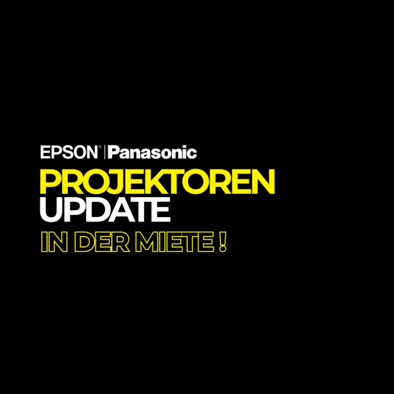 Produktbild mit schwarzem Hintergrund, weiß-gelber Schrift: Epson und Panasonic Projektoren Miet-Update im Fokus.