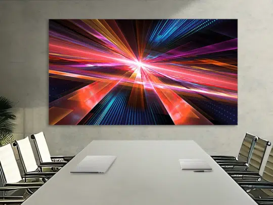 The View - LED Wand 130 Zoll Full HD von Samsung zeigt bunte Kunst in modernem Konferenzraum mit Tisch und Stühlen.