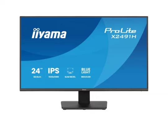 Iiyama ProLite X2491H Monitor, 24 Zoll, schlanker Rahmen, IPS-Panel auf schwarzem Standfuß. Vergleich mit 27-Zoll UHD-Modell.
