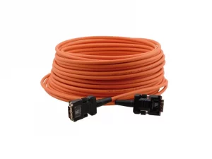 100 Meter DVI Glasfaser/Lichtwellenleiter von Kramer: orange, aufgewickeltes Kabel mit schwarzen Steckern für lange DVI-Verbindungen.
