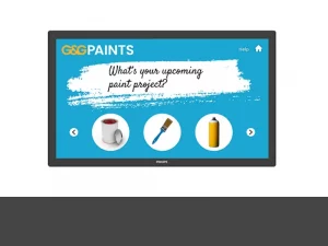 GSG Paints Logo auf blauem Hintergrund mit Frage: "Was ist Ihr nächstes Malerprojekt?" und Icons für Farbe, Pinsel, Sprühdose.