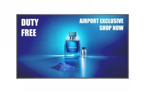 Werbebild für Deep Blue Parfum: Zwei Flakons vor blauen Kristallen, Text "Duty Free" und "Airport Exclusive Shop Now".