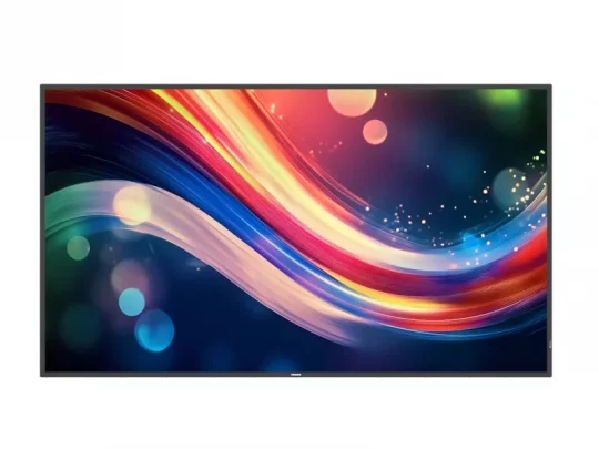 Moderner Flachbildschirm Samsung, zeigt ein farbenfrohes, abstraktes Muster aus leuchtenden Lichtbändern vor dunklem Hintergrund.