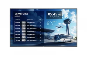 Fluginfo-Anzeigetafel zeigt Zeiten nach Los Angeles & Sacramento, Uhr 5:45, Montag, 31. März, Wetter 56°F, Flughafen mit Flugzeug.