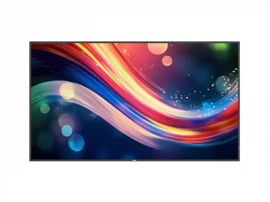 Samsung Flat-TV zeigt ein leuchtendes, abstraktes Bild mit wirbelnden Linien und Lichtkugeln auf dunklem Hintergrund.