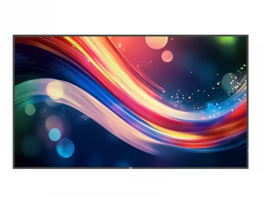 Samsung Flat-TV mit farbenfrohem abstraktem Bild, dünnem Rahmen und leuchtenden Lichteffekten auf dunklem Hintergrund.