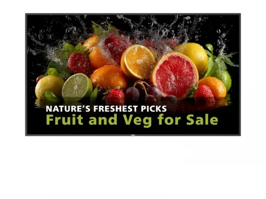Fruchtmix von Nature's Freshest Picks: Orangen, Erdbeeren, Trauben und Limetten spritzen durch Wasser. Obst & Gemüse im Verkauf.