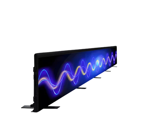 LED-Digitalanzeige: Schlanker, rechteckiger Bildschirm auf zwei Füßen mit welligem Blau-Gelb-Muster vor schwarzem Hintergrund.